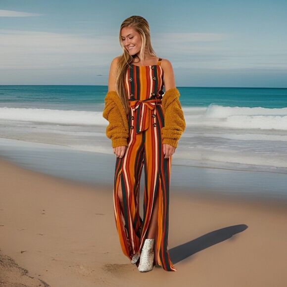 Chic NWT Coco Jaimeson Womens M Jumpsuit Retro Artsy Striped WideLeg Split WBelt - Picture 2 of 5